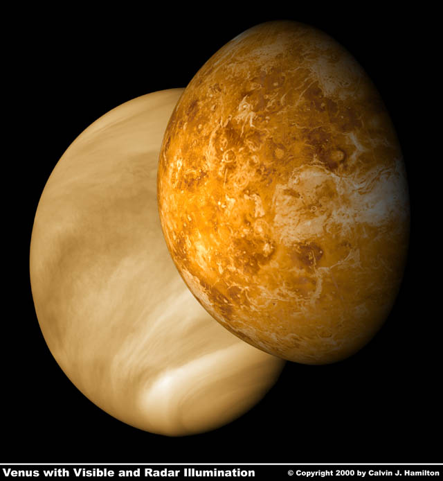 Venus con su aspecto normal, cubierto de nubes, y el aspecto despejado que nos mostr� el radar de la sonda Galileo. Tomada de www.solarviews.com